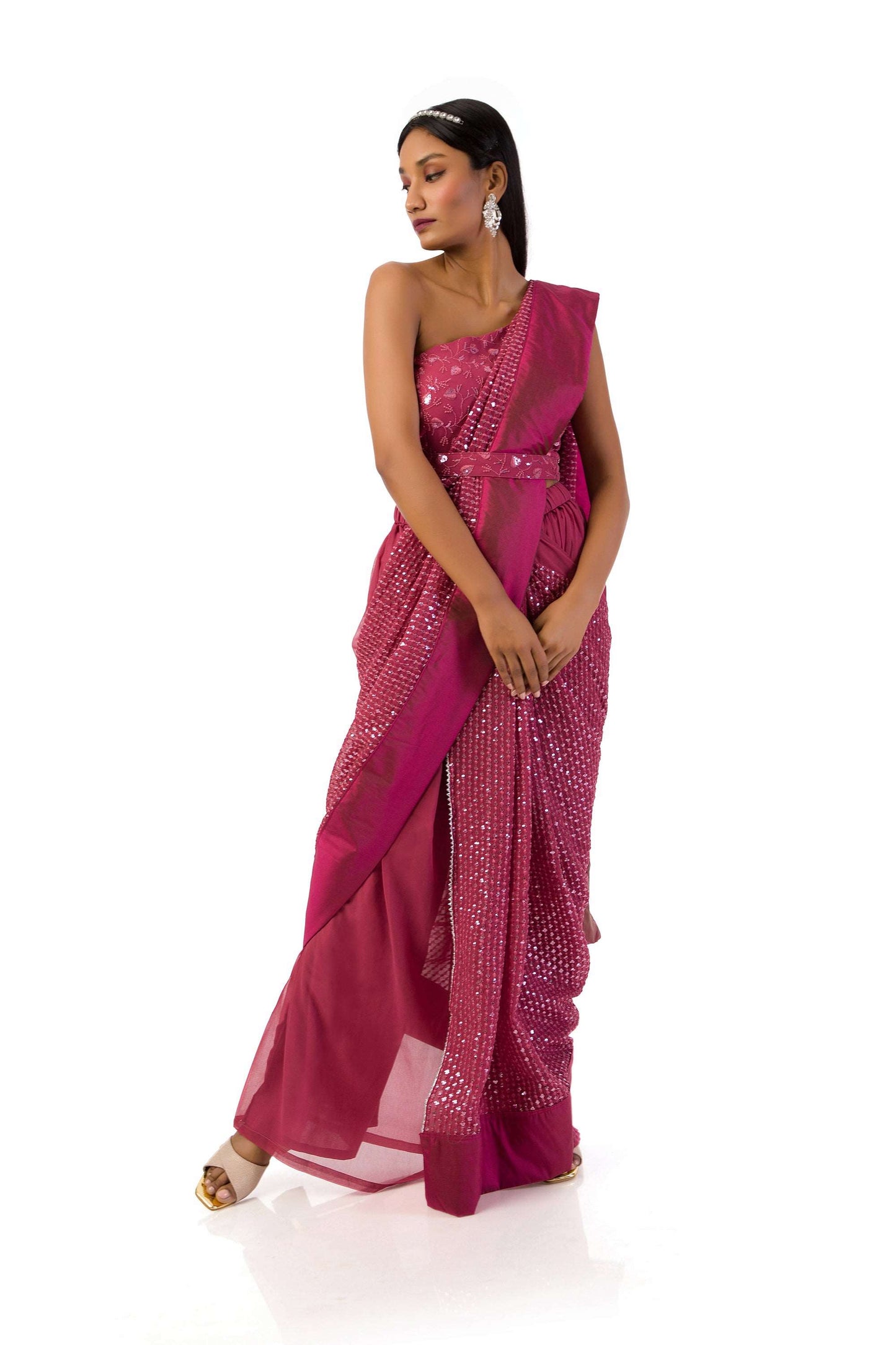 Dust Pink One-Shoulder Saree Set with Sequins and Thread Work