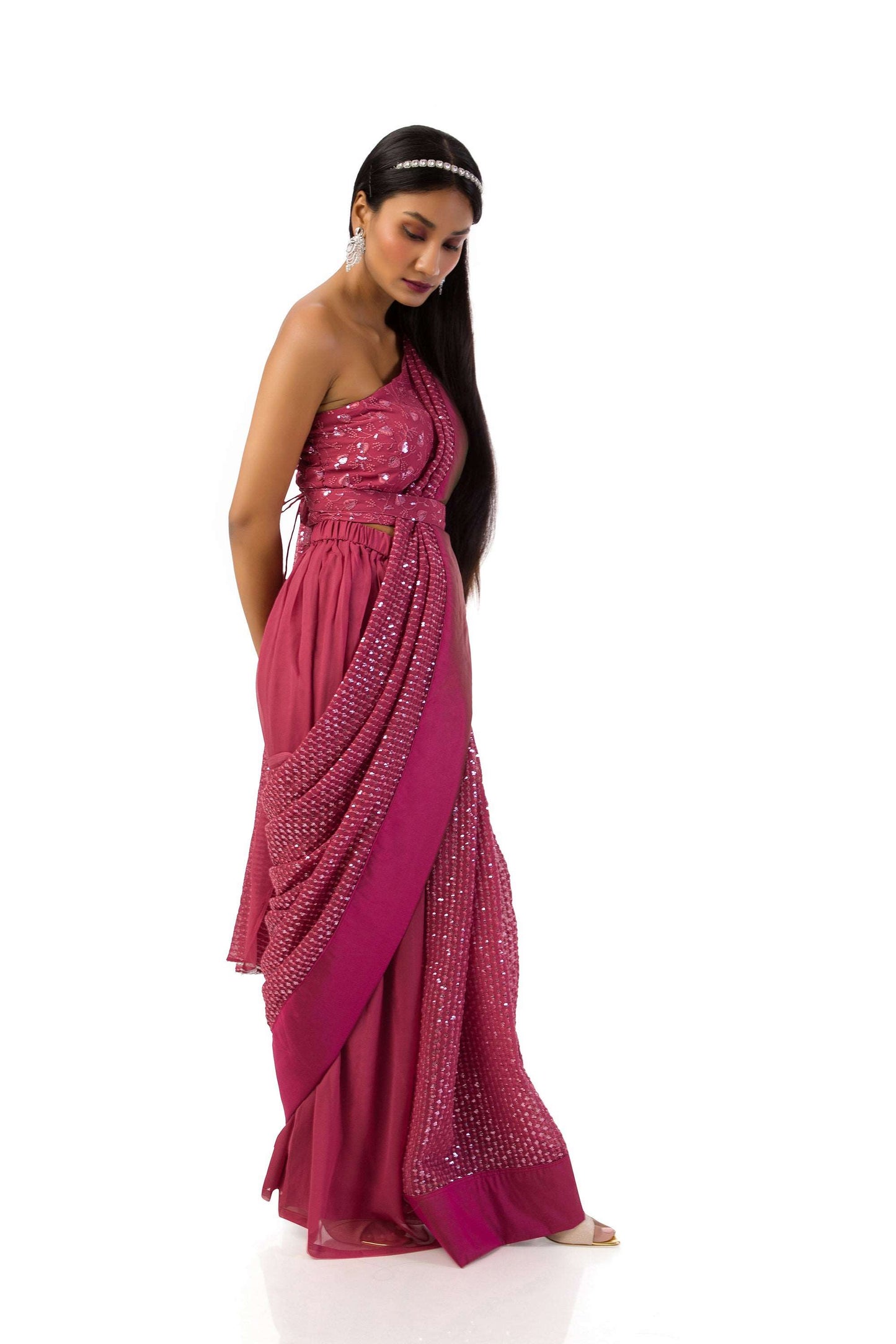 Dust Pink One-Shoulder Saree Set with Sequins and Thread Work
