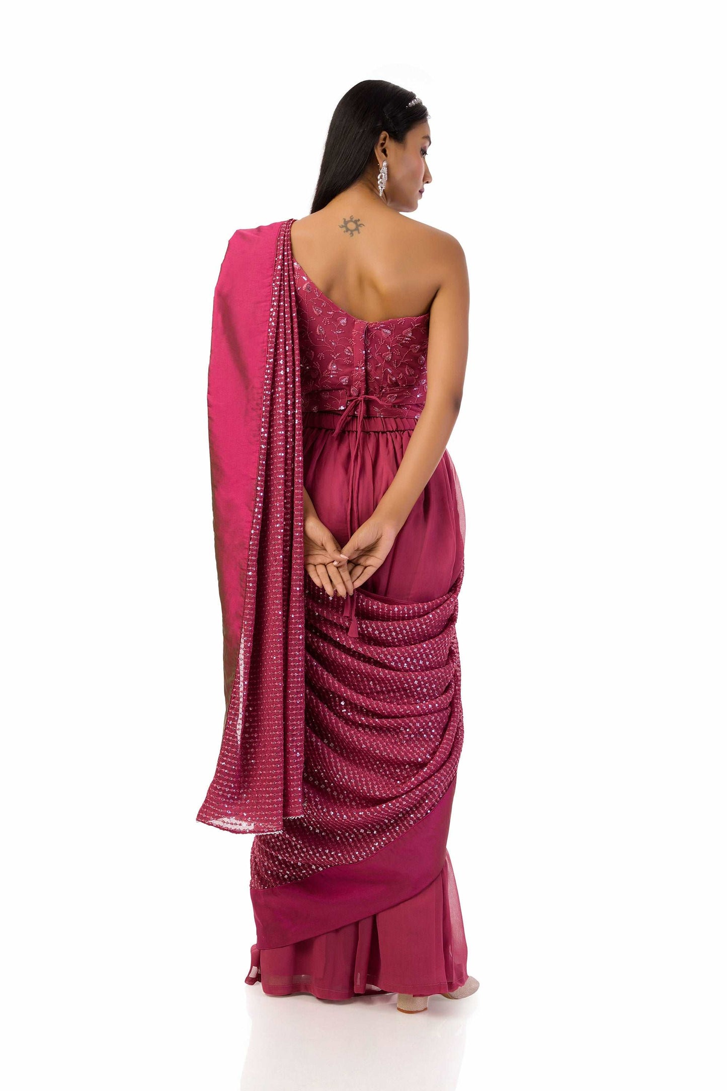 Dust Pink One-Shoulder Saree Set with Sequins and Thread Work