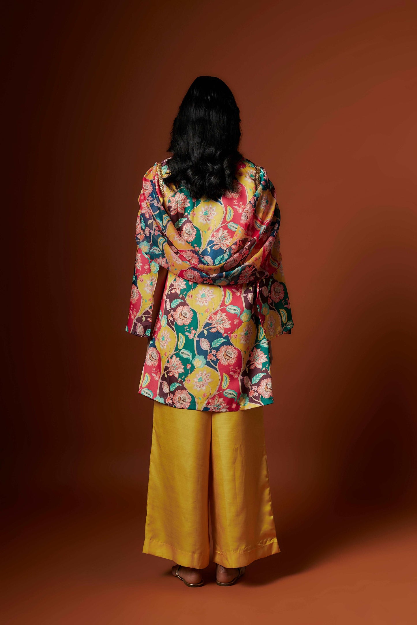 slub linen satin multi colour printed jacket set with hand embroidery.