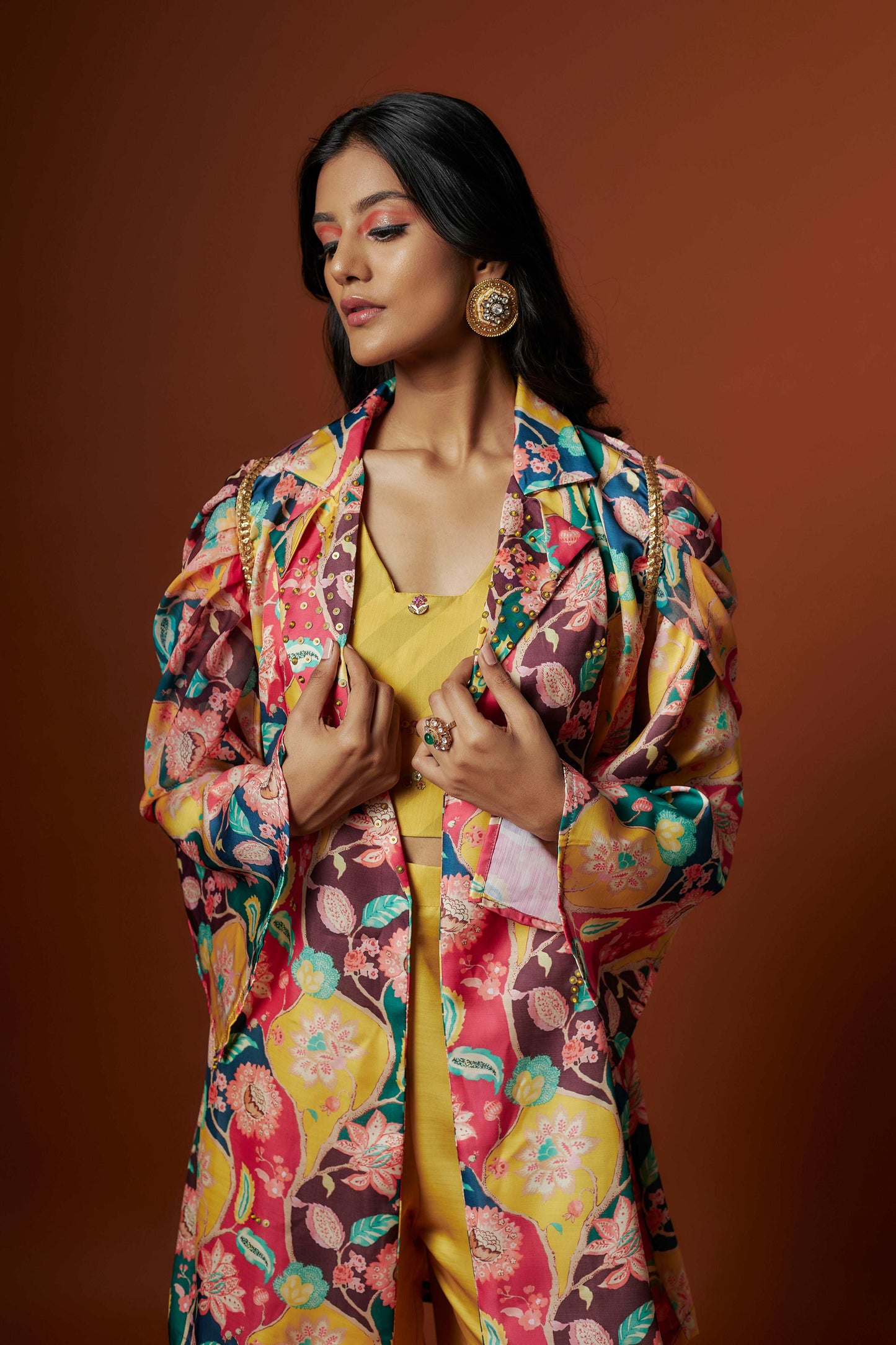 slub linen satin multi colour printed jacket set with hand embroidery.