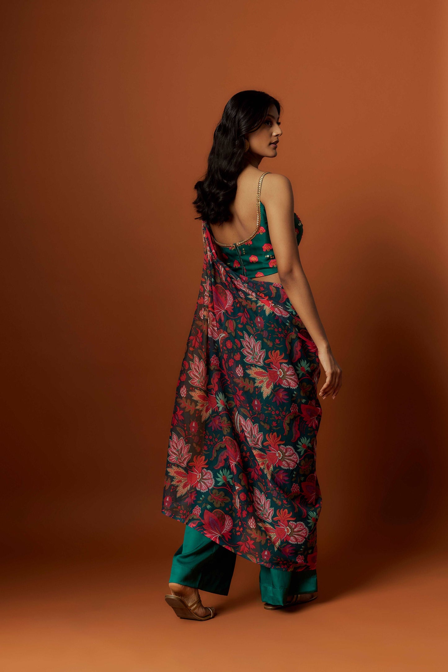 Slub linen satin & soft linen georgette green printed pre stitch drape dupatta set with hand embroidered blouse and pant.