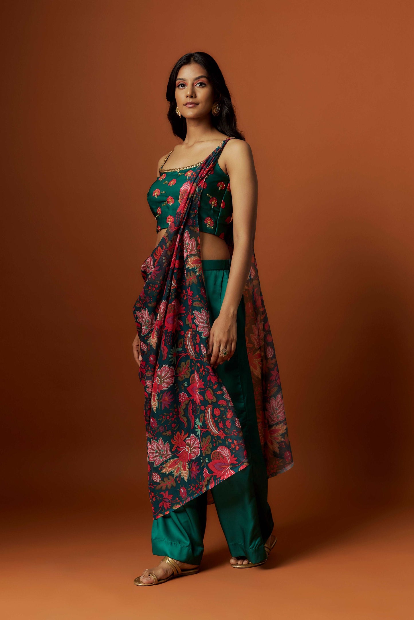 Slub linen satin & soft linen georgette green printed pre stitch drape dupatta set with hand embroidered blouse and pant.