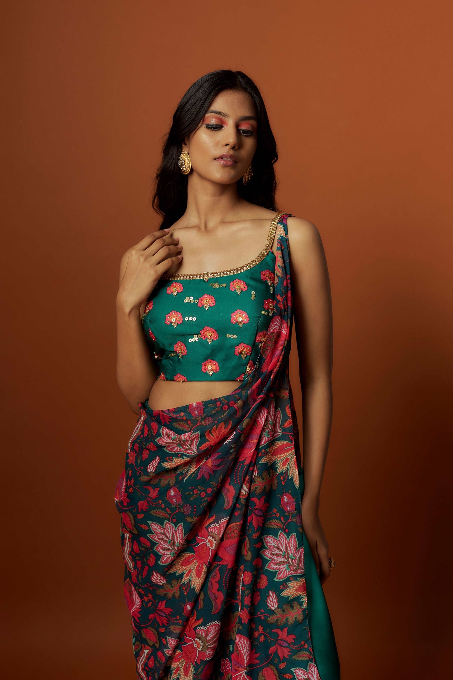 Slub linen satin & soft linen georgette green printed pre stitch drape dupatta set with hand embroidered blouse and pant.