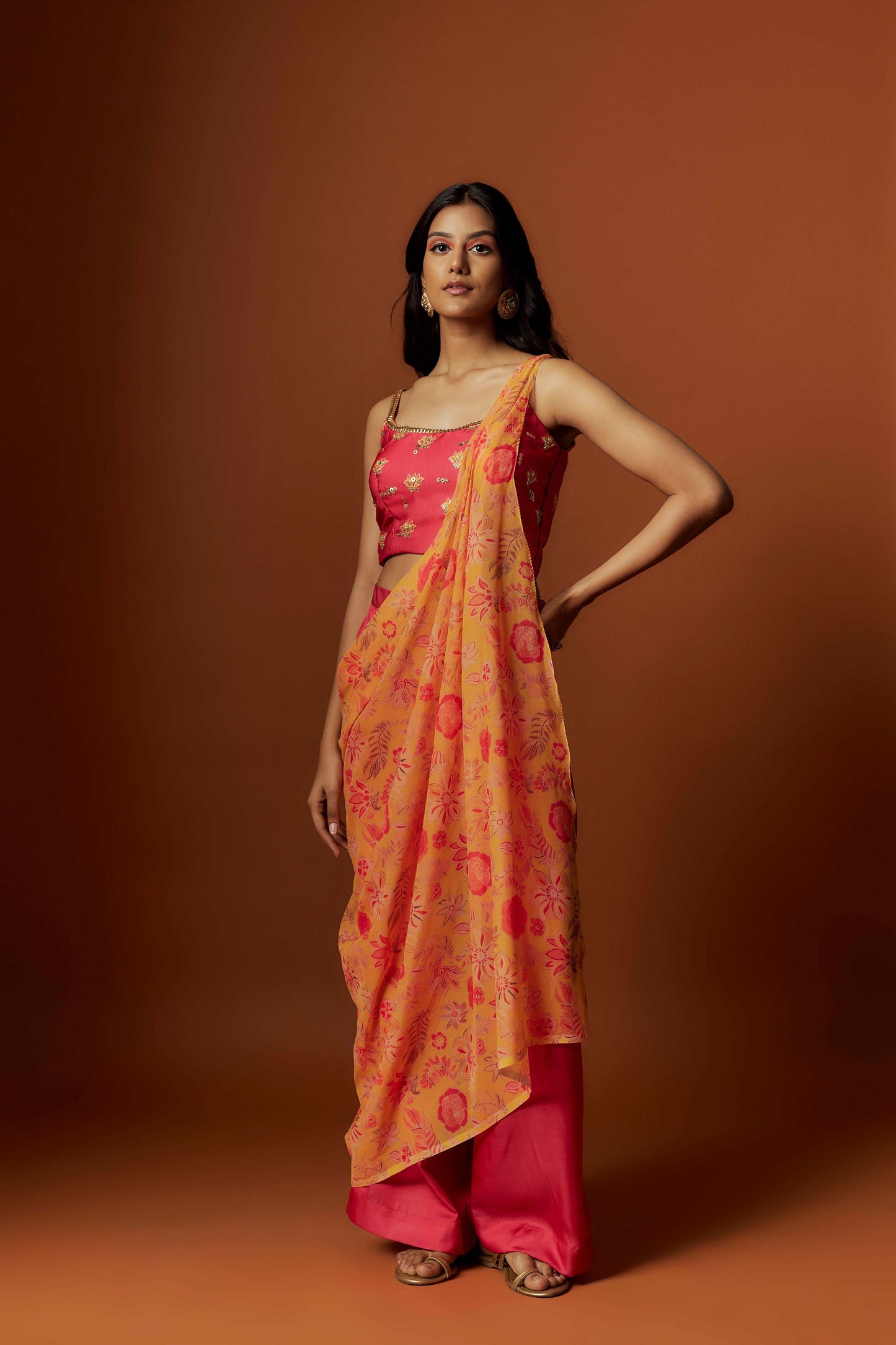 Slub linen satin & soft linen georgette yellow printed pre stitch drape dupatta set with hand embroidered blouse and pant.