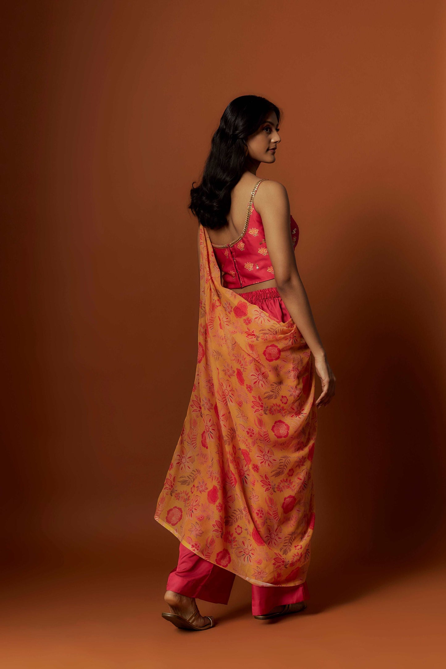 Slub linen satin & soft linen georgette yellow printed pre stitch drape dupatta set with hand embroidered blouse and pant.