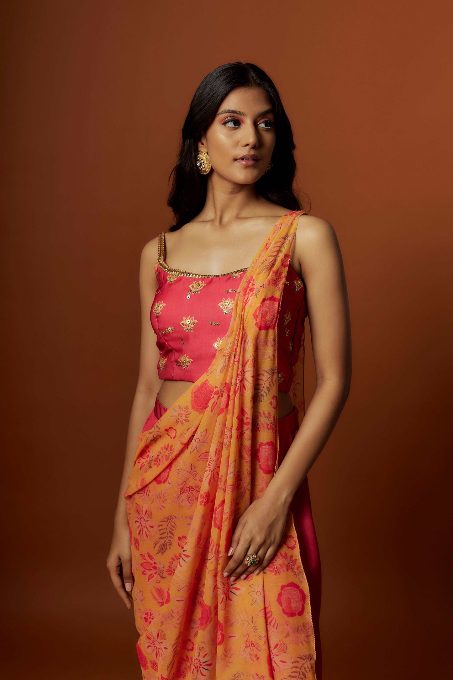 Slub linen satin & soft linen georgette yellow printed pre stitch drape dupatta set with hand embroidered blouse and pant.