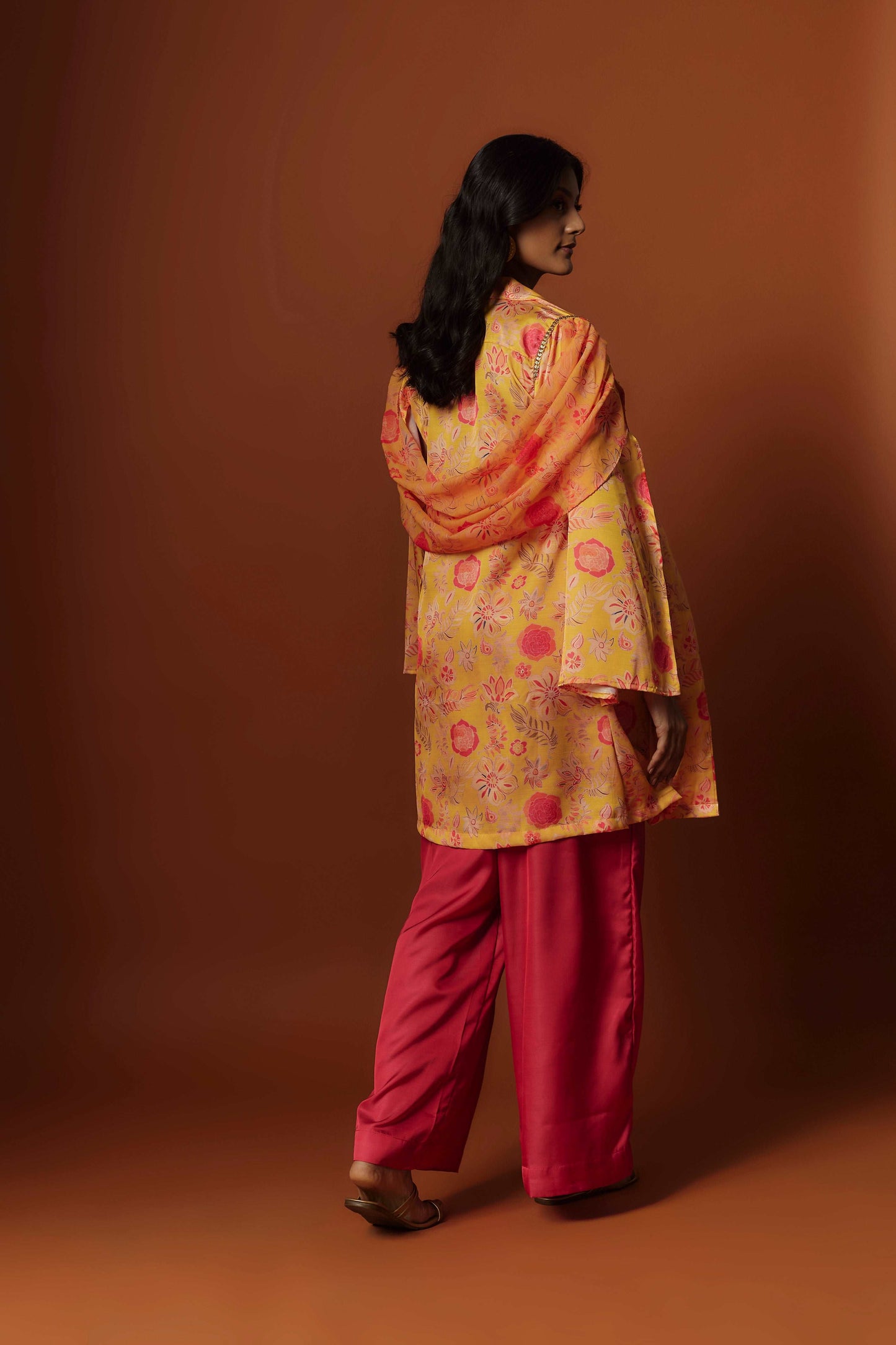 slub linen satin pink printed jacket set with hand embroidery.