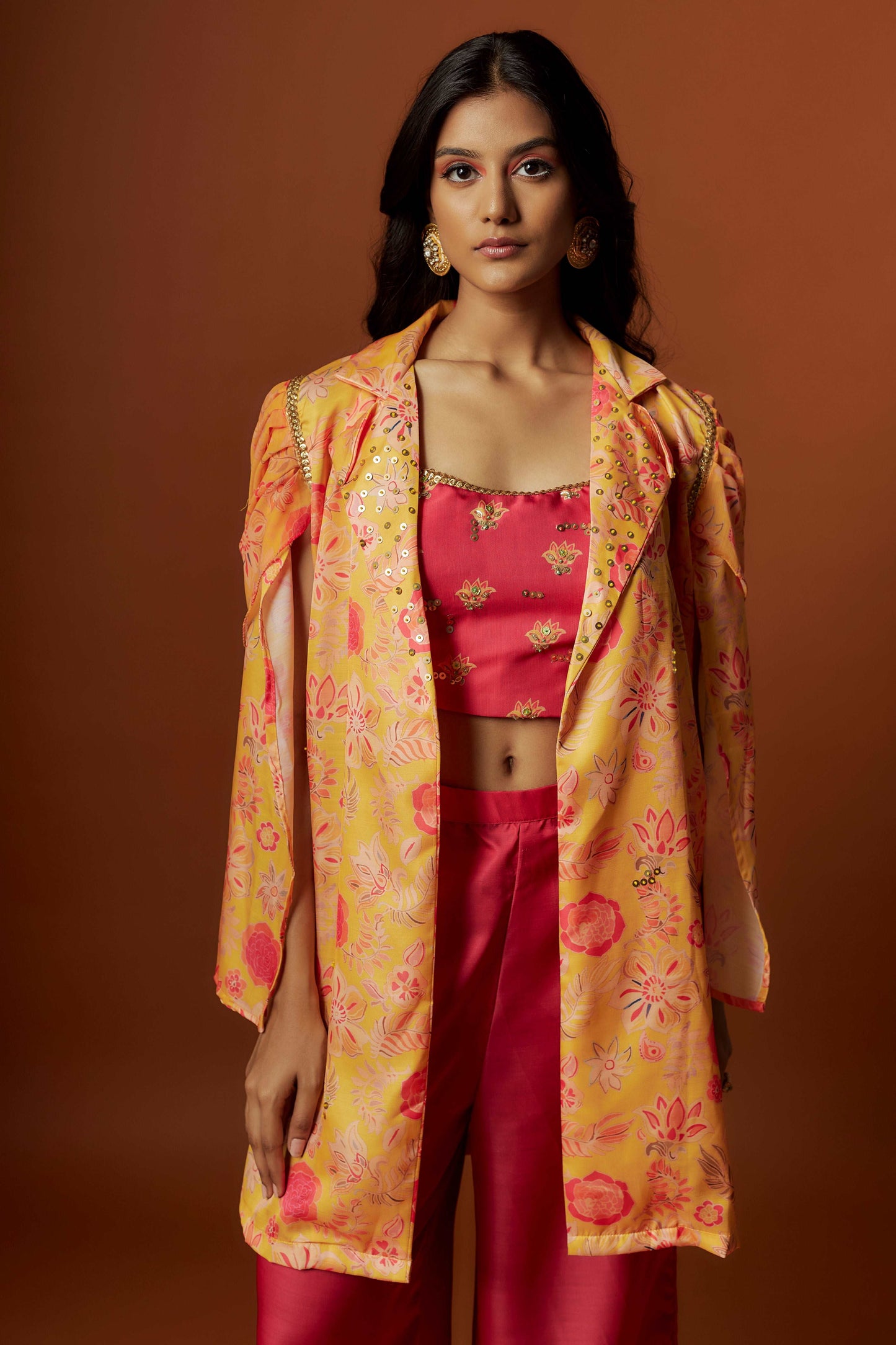 slub linen satin pink printed jacket set with hand embroidery.