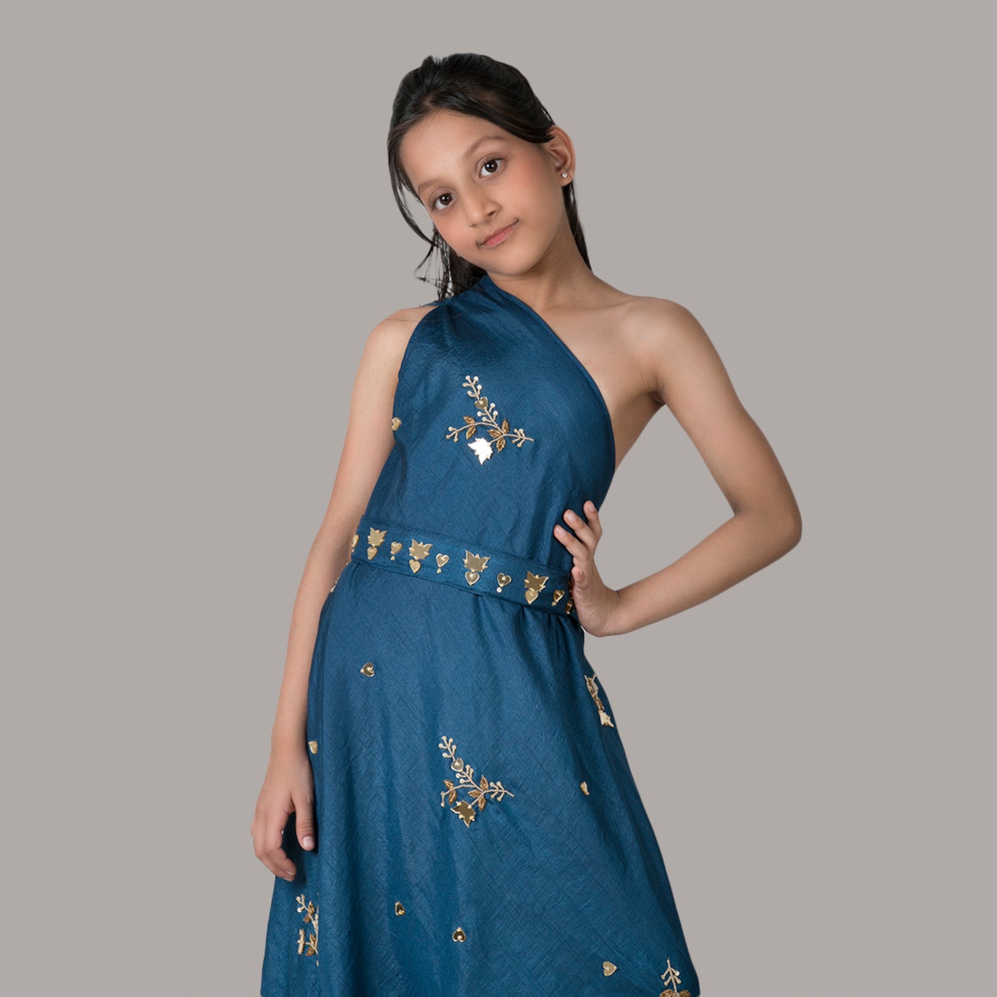 Dark Blue One-Shoulder Draped Gown with Hand Embroidery