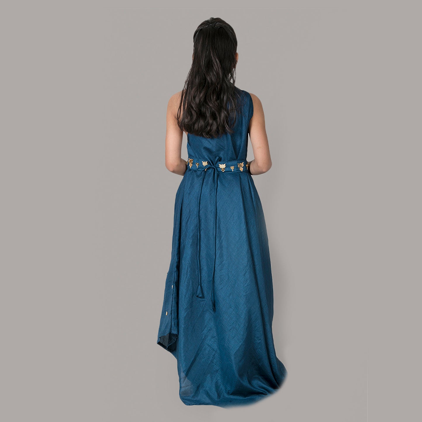 Dark Blue One-Shoulder Draped Gown with Hand Embroidery