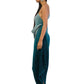 Grey to dark blue shaded one-shoulder dress with textured fabric, front cowl on the waist, and side details