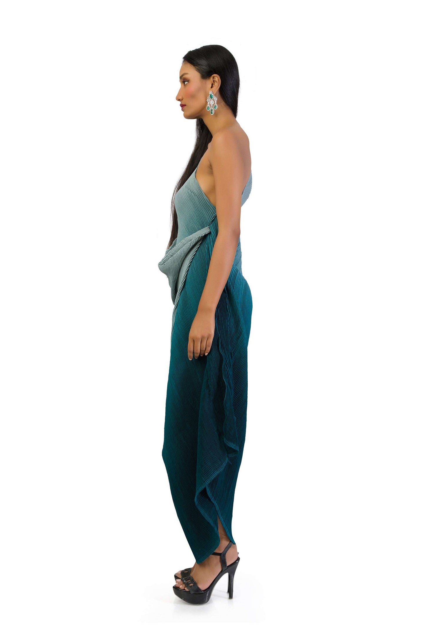 Grey to dark blue shaded one-shoulder dress with textured fabric, front cowl on the waist, and side details