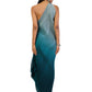 Grey to dark blue shaded one-shoulder dress with textured fabric, front cowl on the waist, and side details