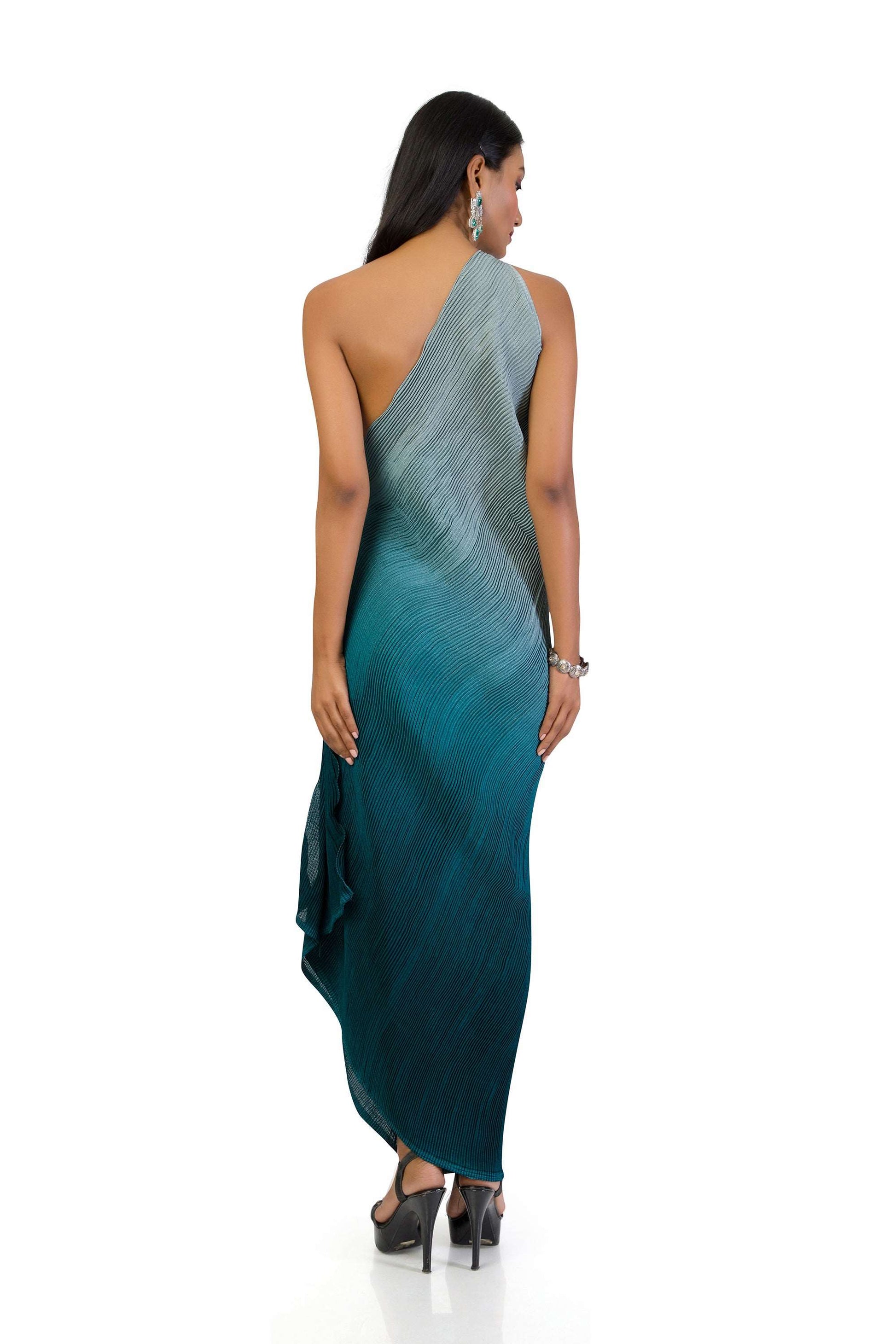 Grey to dark blue shaded one-shoulder dress with textured fabric, front cowl on the waist, and side details