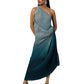 Grey to dark blue shaded one-shoulder dress with textured fabric, front cowl on the waist, and side details