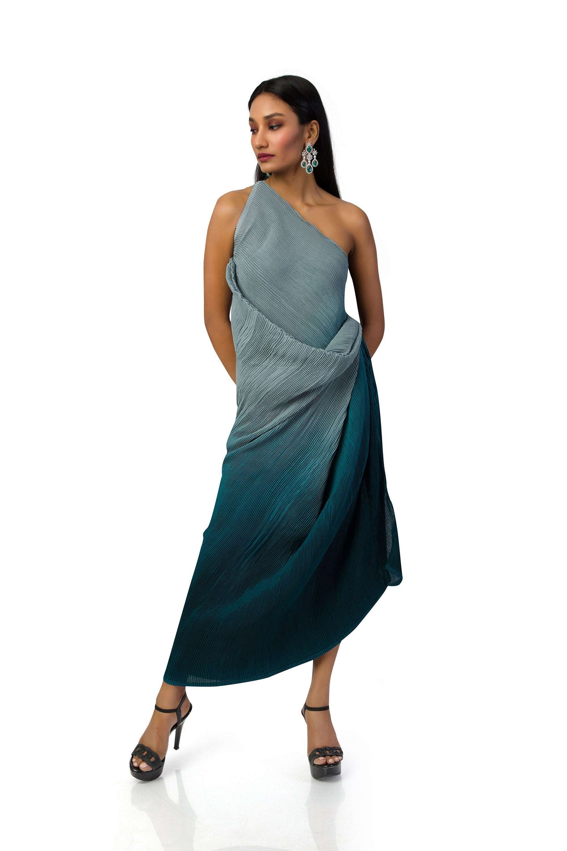 Grey to dark blue shaded one-shoulder dress with textured fabric, front cowl on the waist, and side details