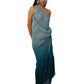 Grey to dark blue shaded one-shoulder dress with textured fabric, front cowl on the waist, and side details