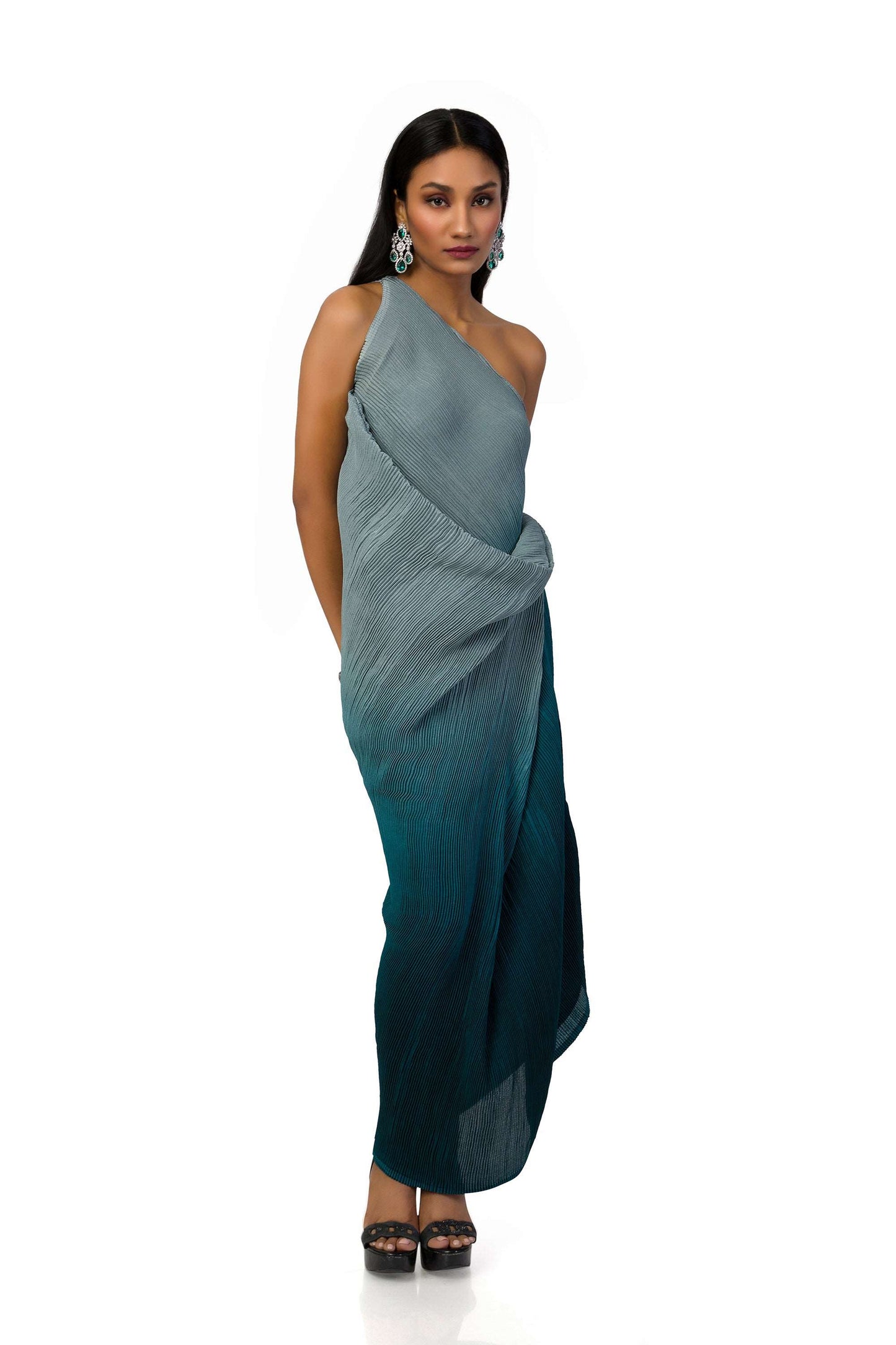 Grey to dark blue shaded one-shoulder dress with textured fabric, front cowl on the waist, and side details