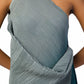 Grey to dark blue shaded one-shoulder dress with textured fabric, front cowl on the waist, and side details