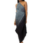 Grey to Black Shaded Textured One-Shoulder Dress with Waist Cowl