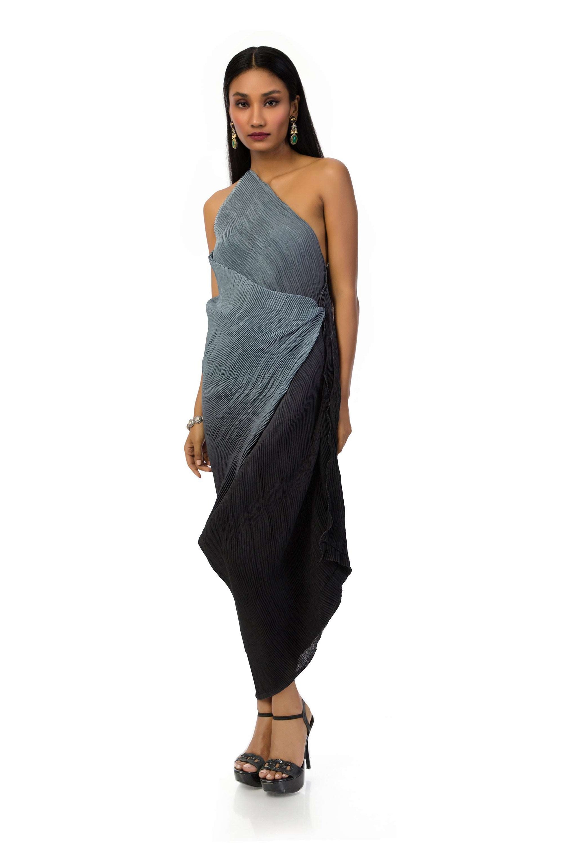 Grey to Black Shaded Textured One-Shoulder Dress with Waist Cowl