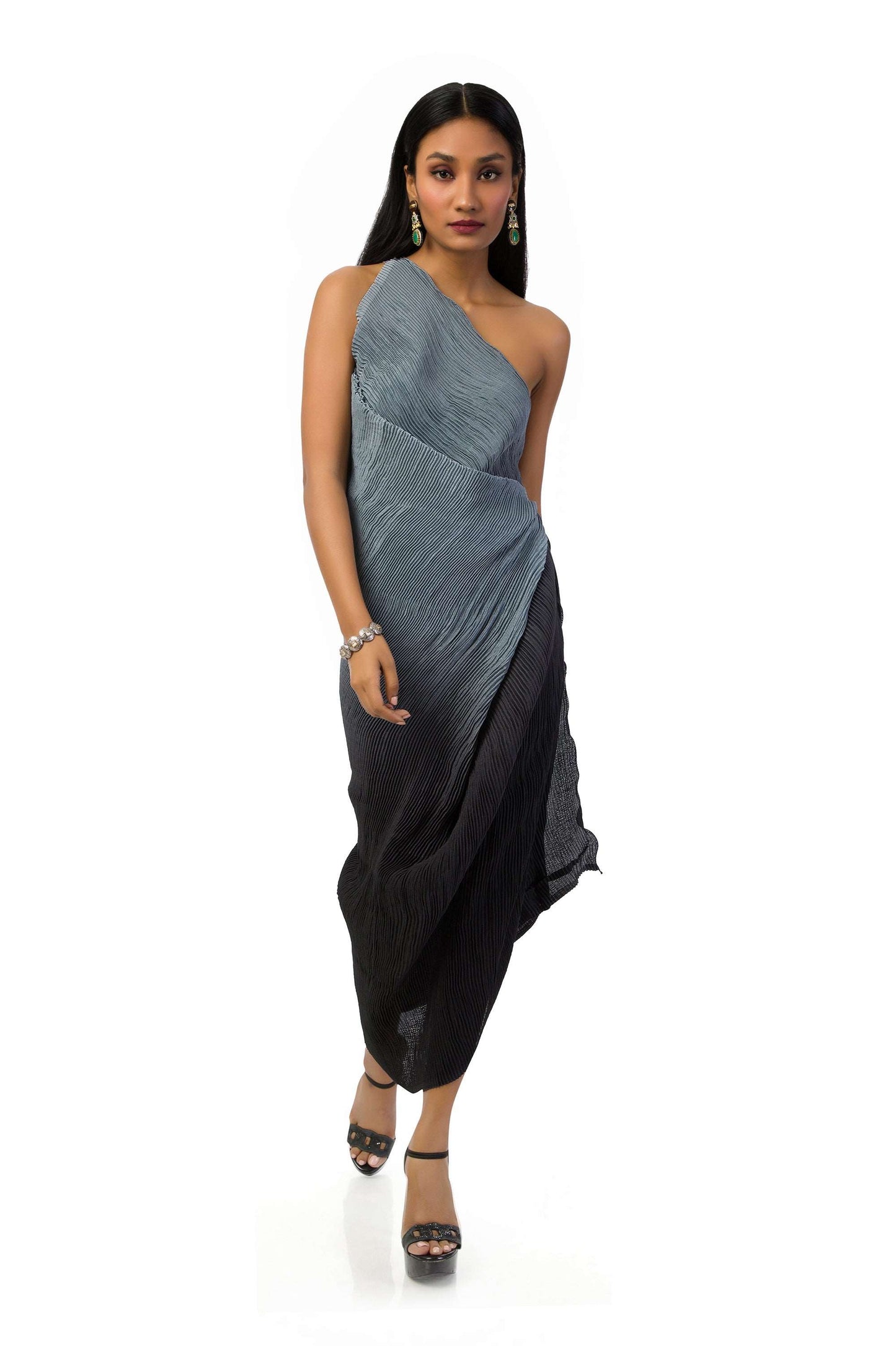 Elegant Grey to Black Shaded Textured One-Shoulder Dress with Waist Cowl and Side Details