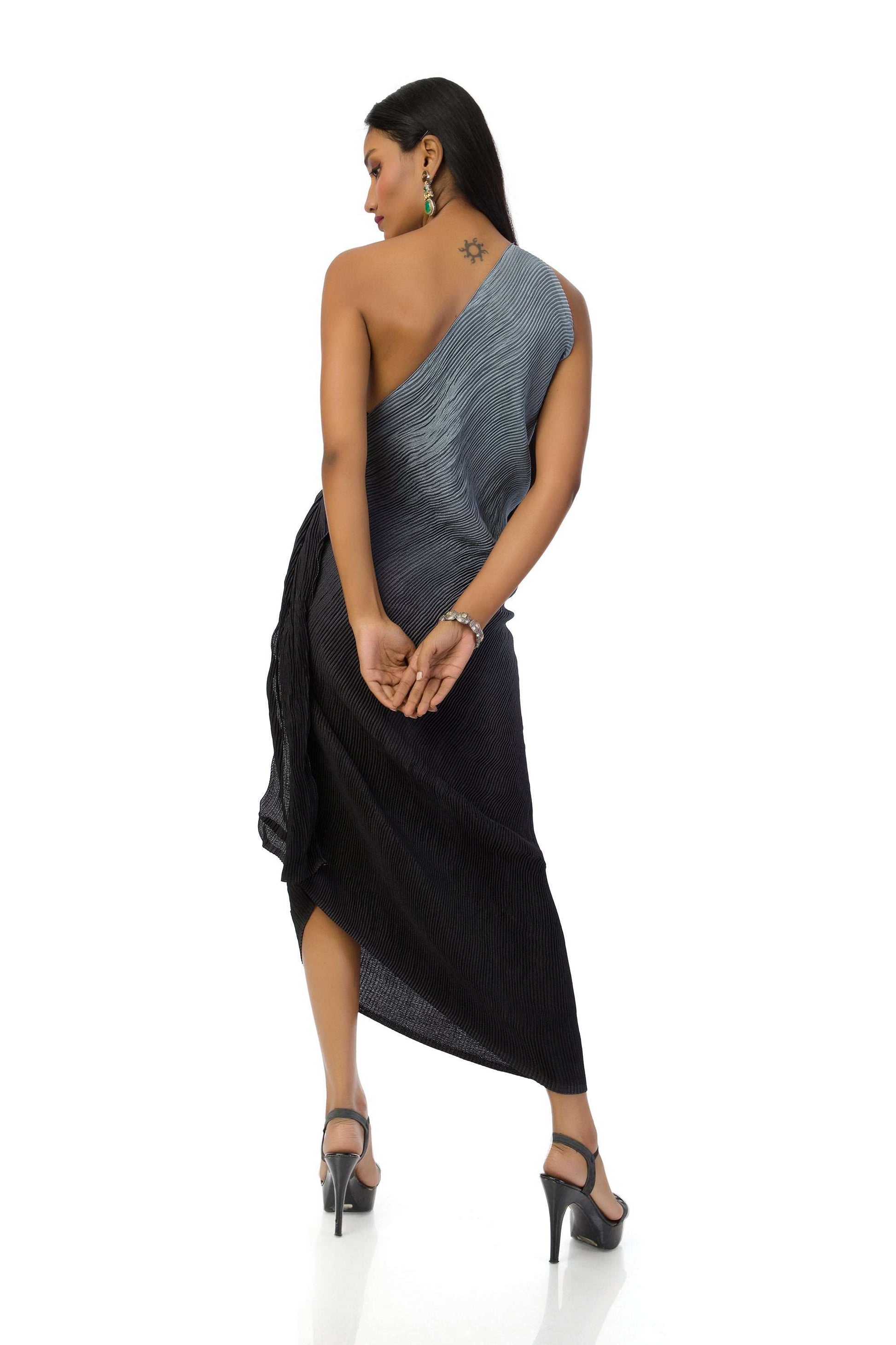 Grey to Black Shaded Textured One-Shoulder Dress with Waist Cowl