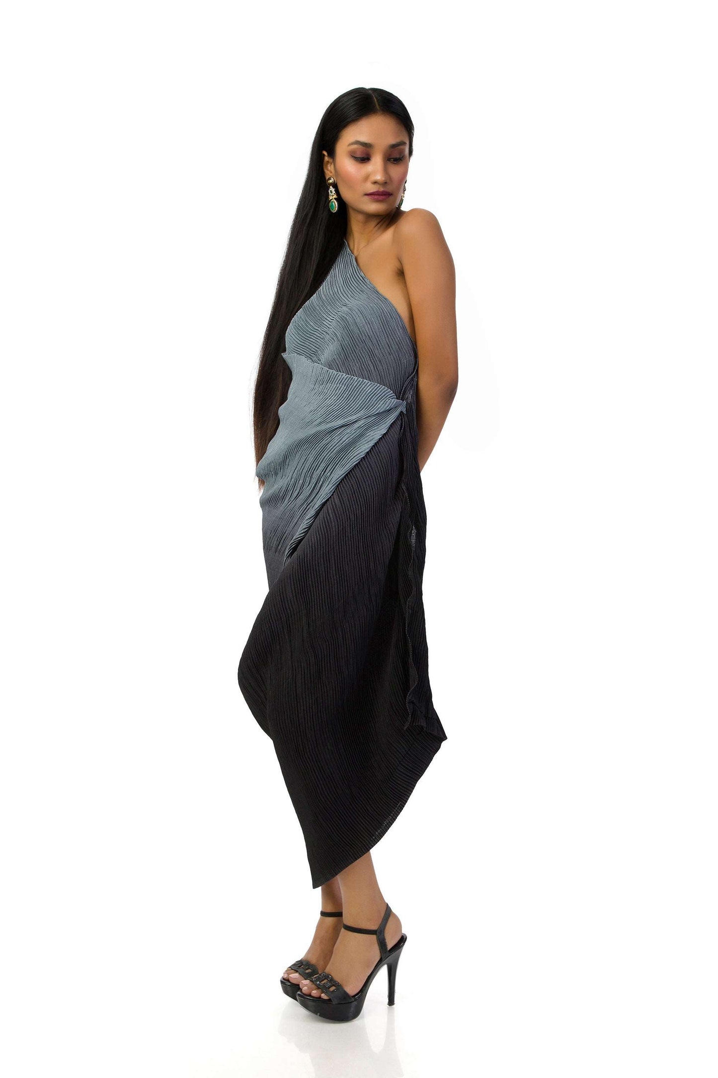 Grey to Black Shaded Textured One-Shoulder Dress with Waist Cowl