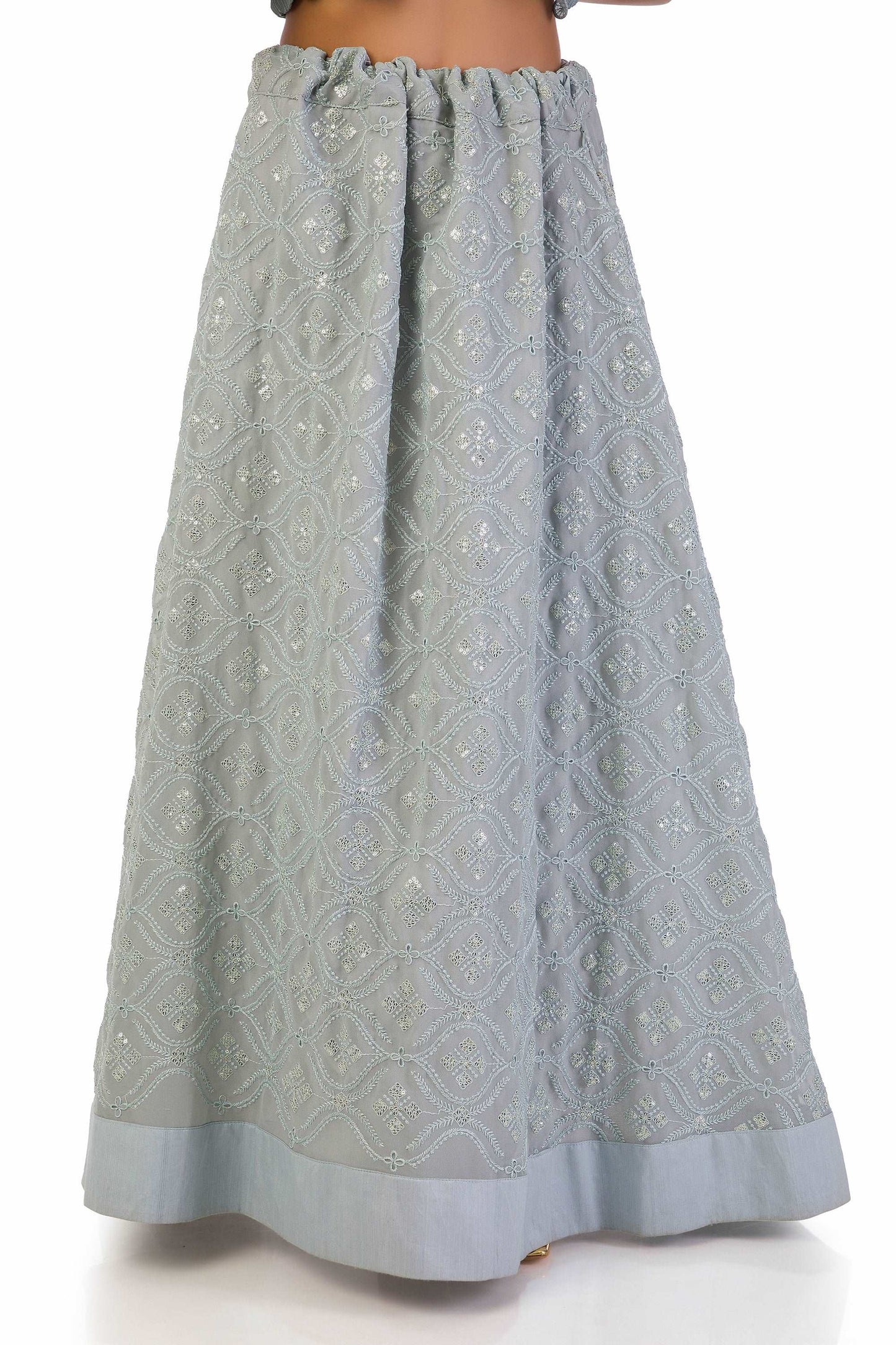 Ash Grey To Dark Blue Kaftan Top With Lehenga.