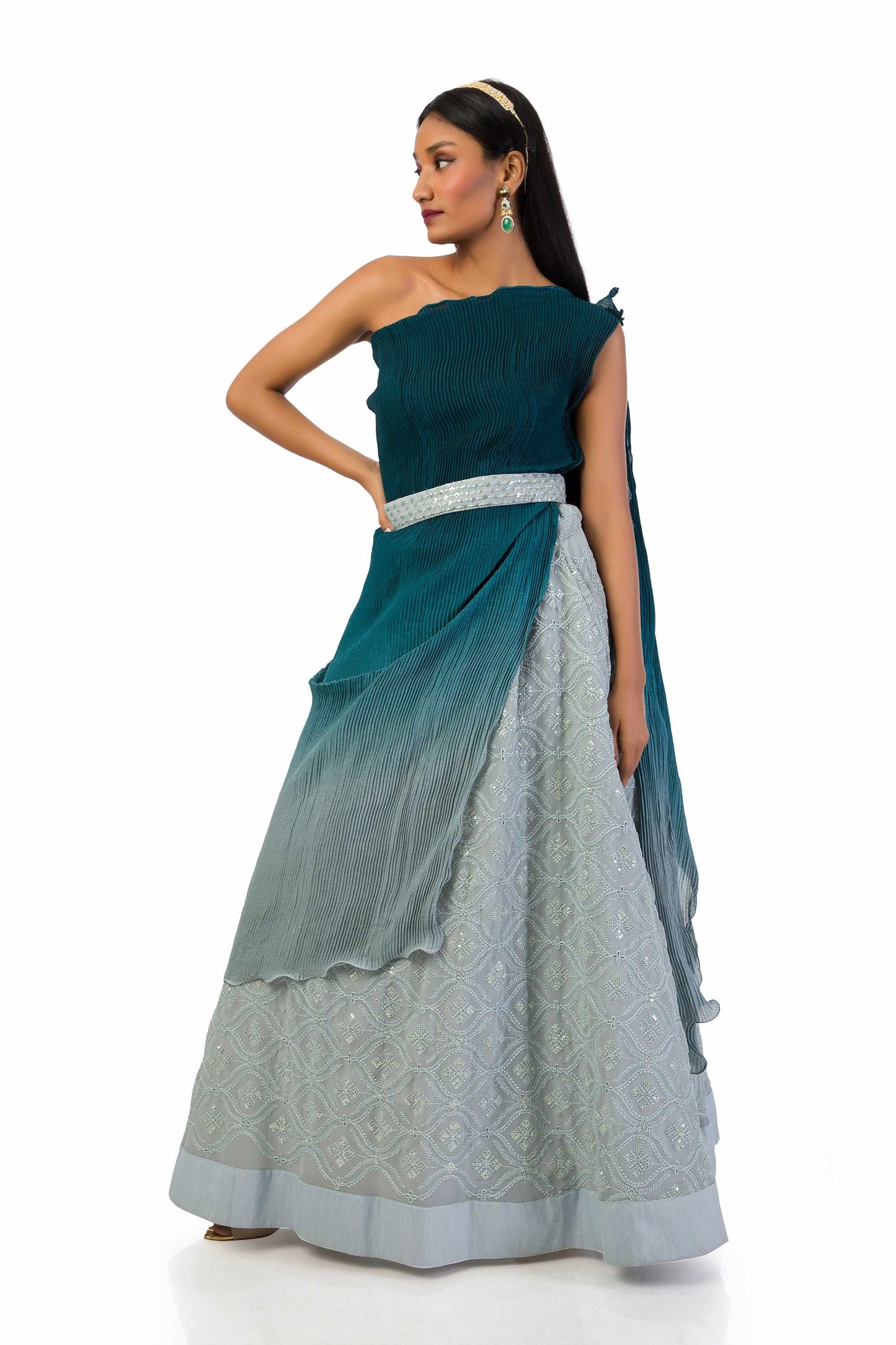 Ash Grey to Dark Blue One-Shoulder Top with Lehenga - Meghna Shah Collection