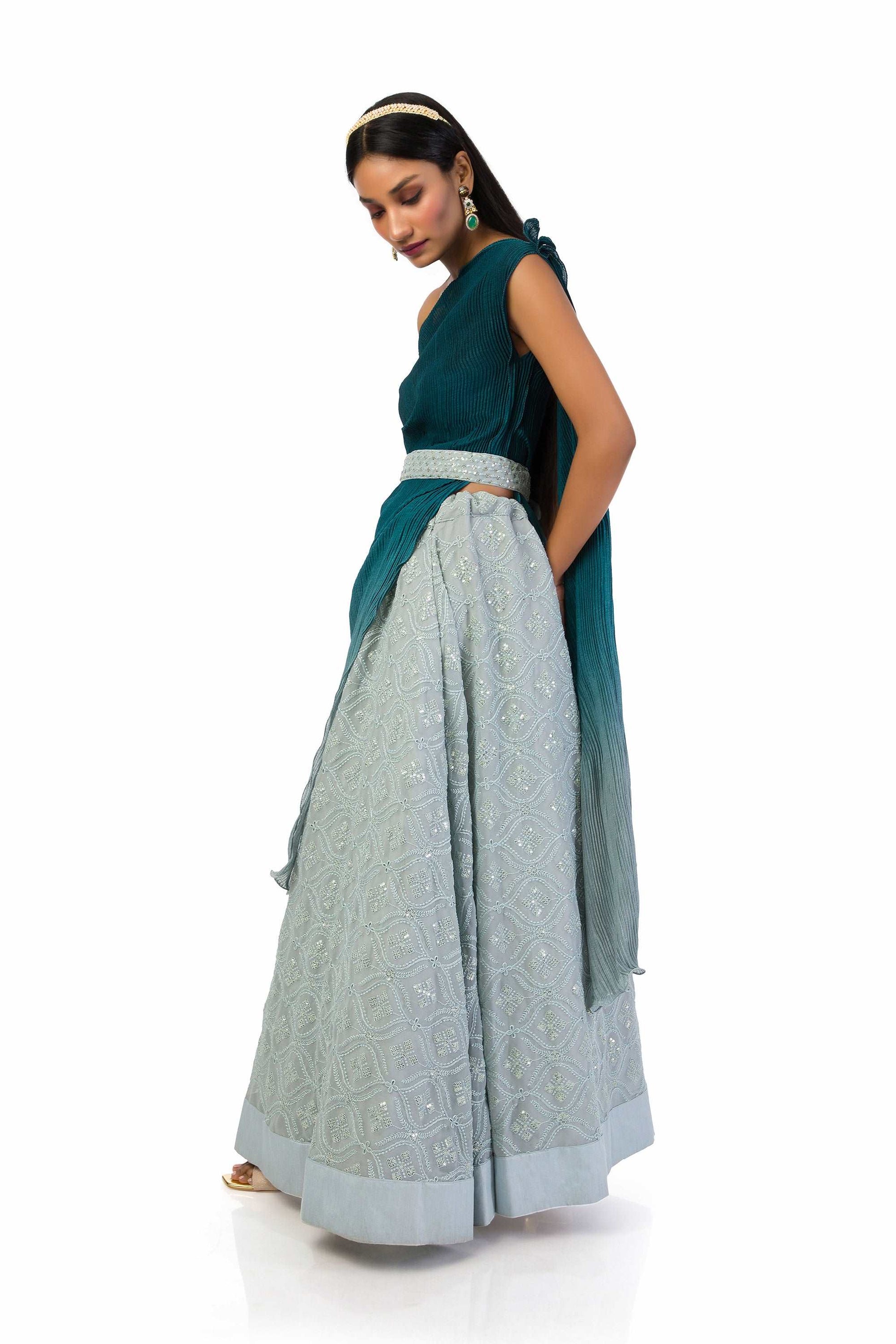 Ash Grey to Dark Blue One-Shoulder Top with Lehenga - Meghna Shah Collection