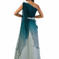 Ash Grey to Dark Blue One-Shoulder Top with Lehenga - Meghna Shah Collection