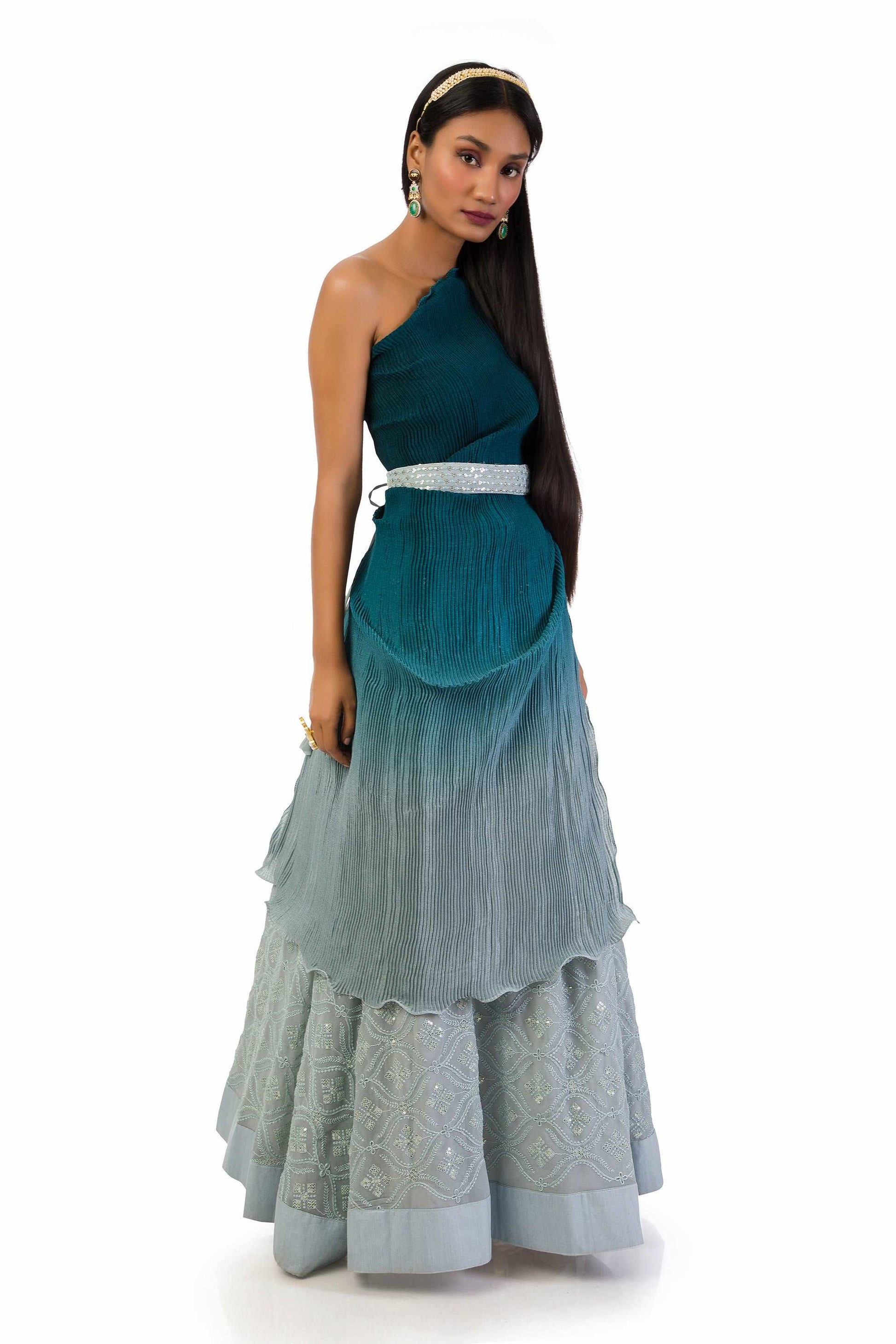 Ash Grey to Dark Blue One-Shoulder Top with Lehenga - Meghna Shah Collection