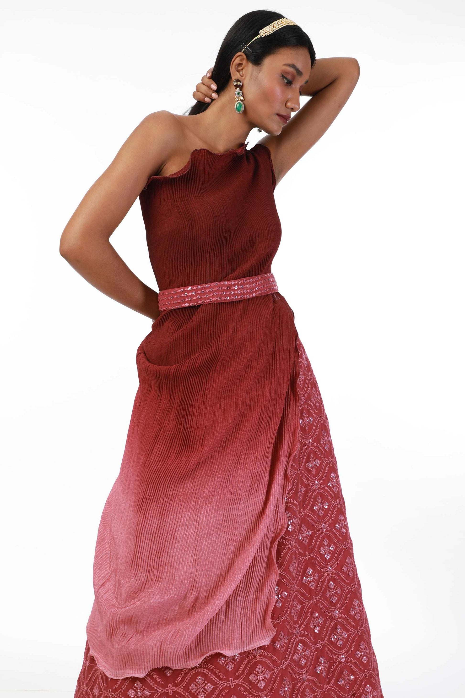 PINK to WINE One-Shoulder top with Skirt.