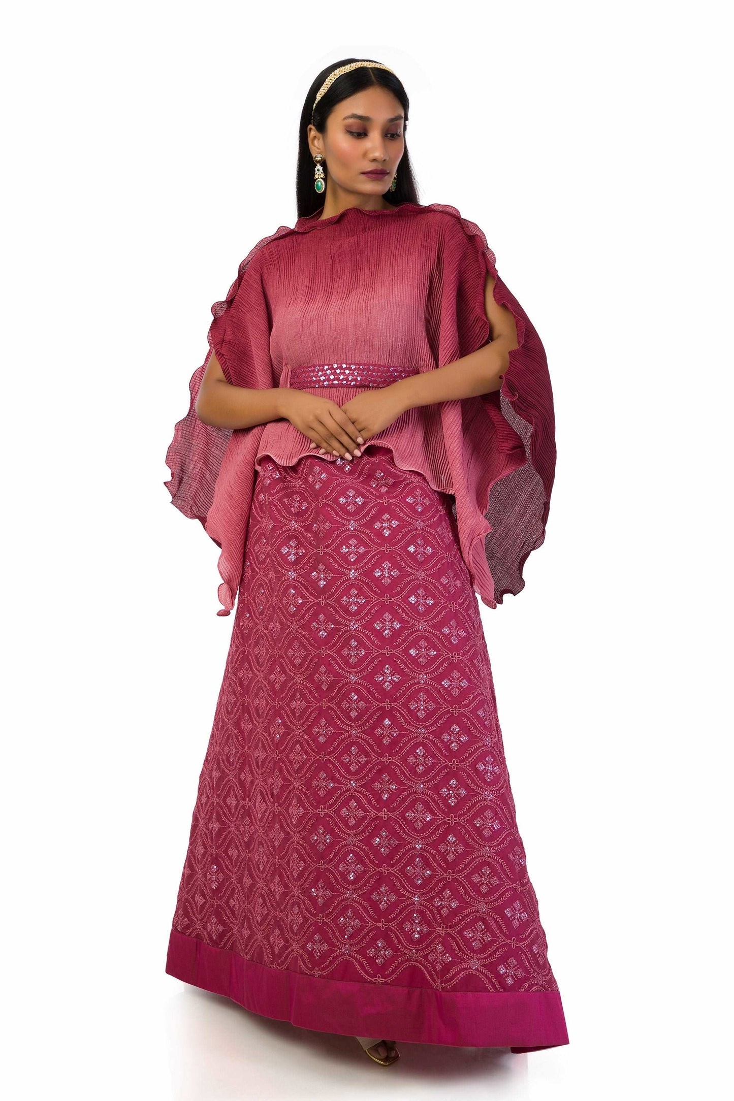 Pink to Wine Kaftan Top with Embroidered Lehenga - Meghna Shah