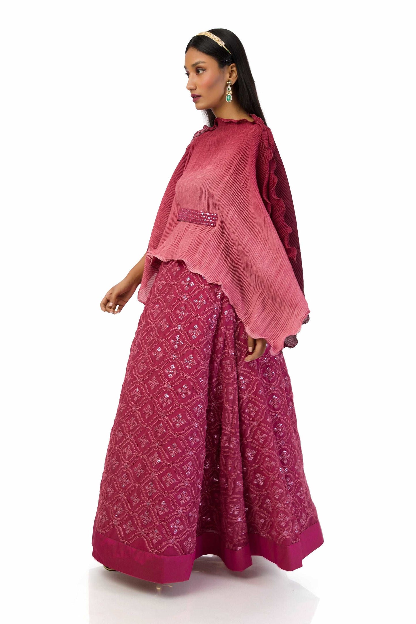 Pink to Wine Kaftan Top with Embroidered Lehenga - Meghna Shah