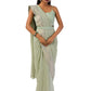 Model wearing an elegant olive green stitch drape saree set with intricate details.