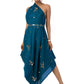 Dark Blue One-Shoulder Hand Embroidered Draped Gown with Belt