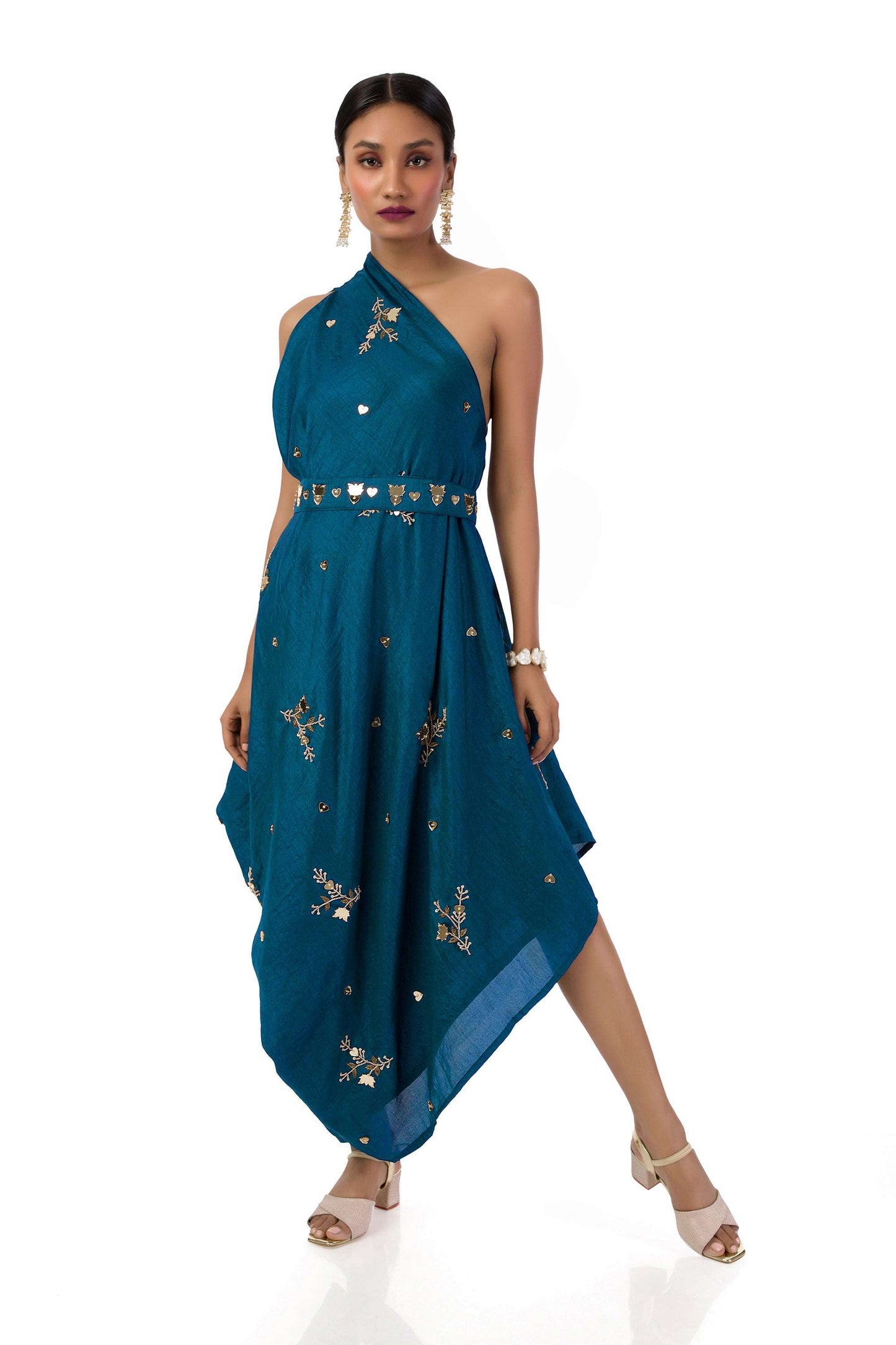 Dark Blue One-Shoulder Hand Embroidered Draped Gown with Belt