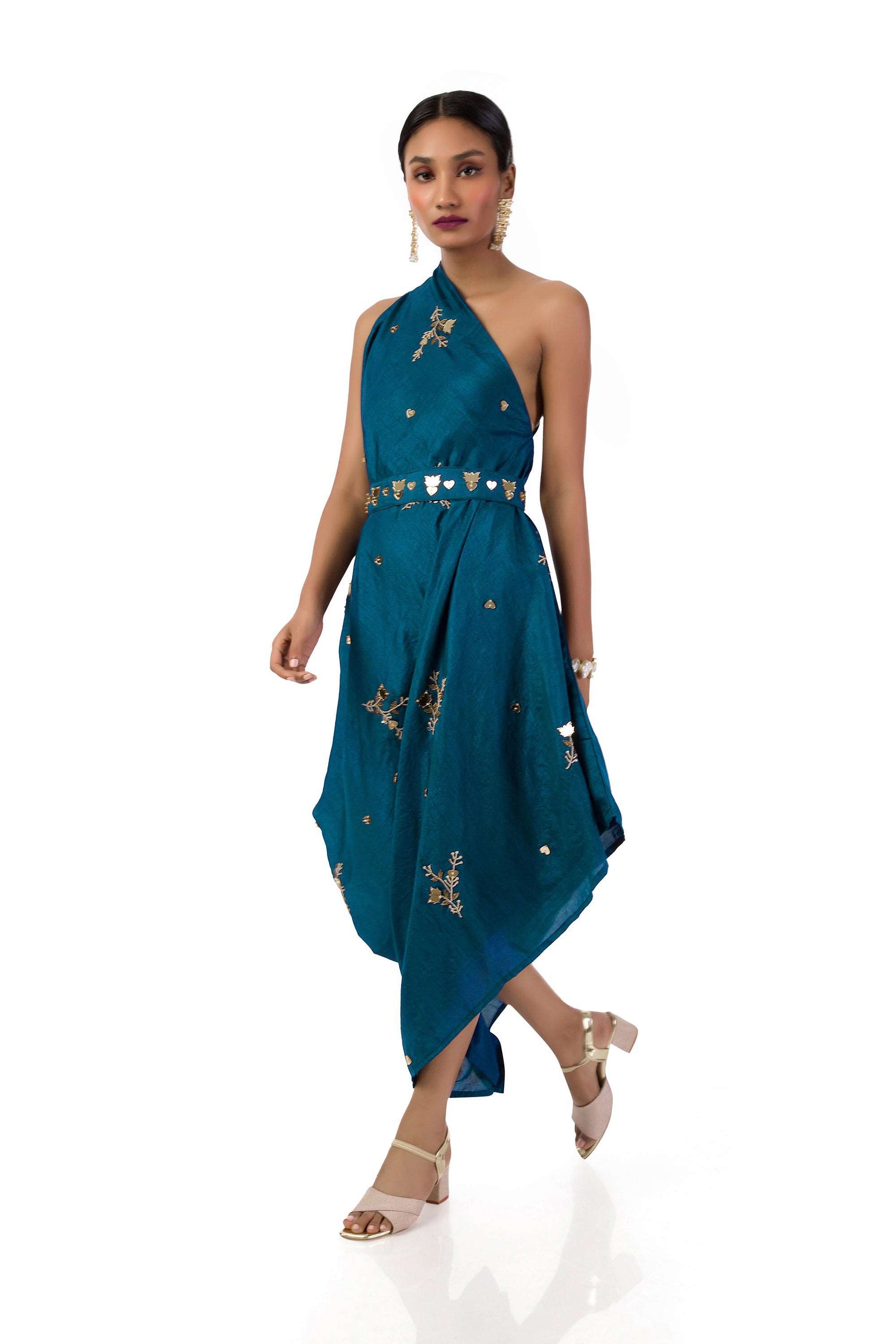 Woman wearing a Dark Blue One-Shoulder Hand Embroidered Draped Gown with a matching belt, designed by Meghna Shah.