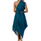 Dark Blue One-Shoulder Hand Embroidered Draped Gown with Belt