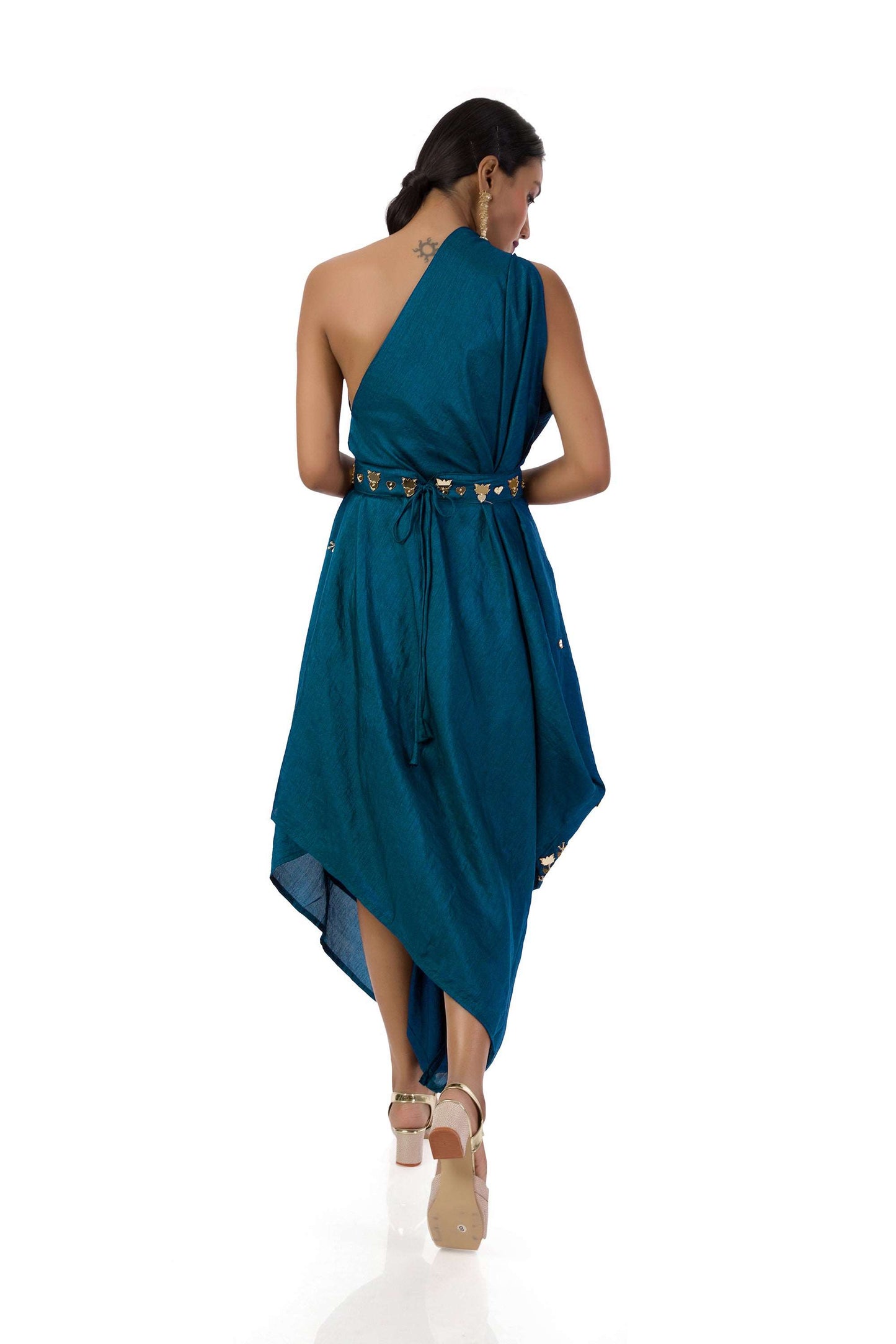 Dark Blue One-Shoulder Hand Embroidered Draped Gown with Belt