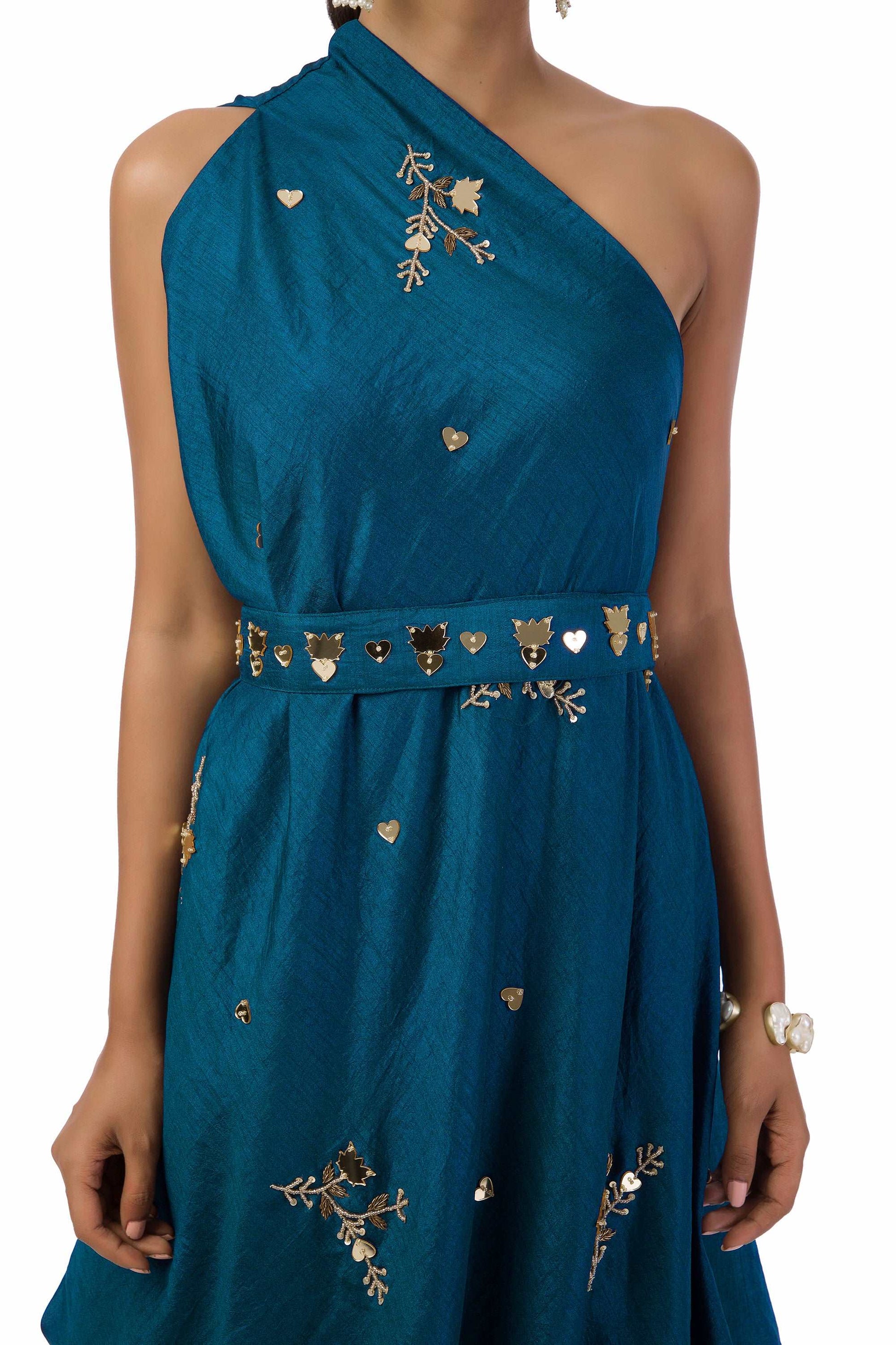 Dark Blue One-Shoulder Hand Embroidered Draped Gown with Belt