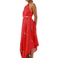 Bright Red Draped Cowl Dress with Hand Embroidery and Adjustable Shoulder