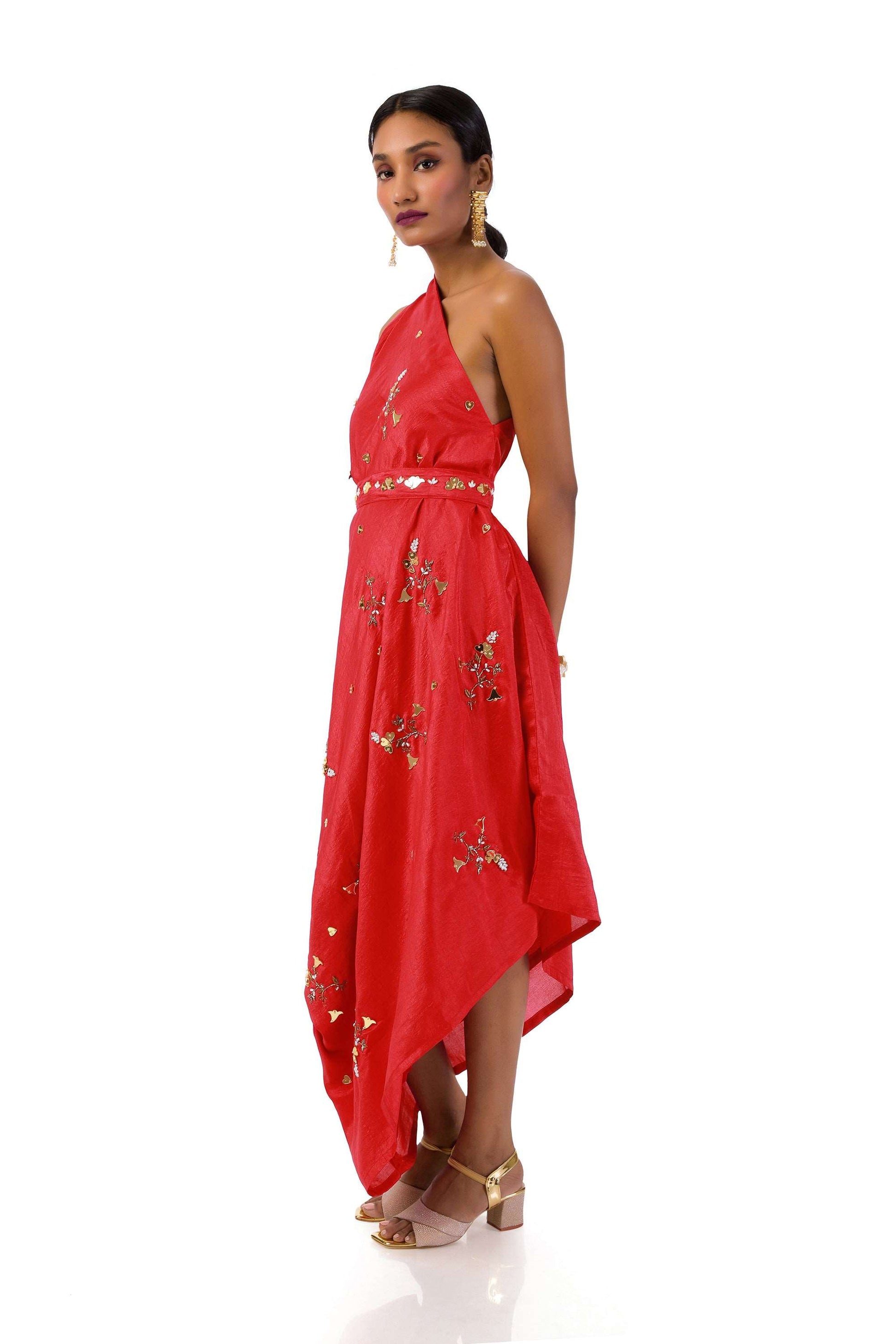 Bright Red Draped Cowl Dress with Hand Embroidery and Adjustable Shoulder