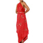 Bright Red Draped Cowl Dress with Hand Embroidery and Adjustable Shoulder