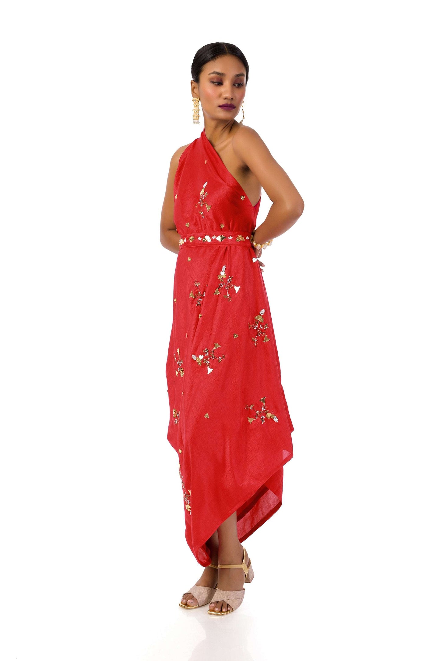 Bright Red Draped Cowl Dress with Hand Embroidery and Adjustable Shoulder