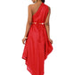 Bright Red Draped Cowl Dress with Hand Embroidery and Adjustable Shoulder