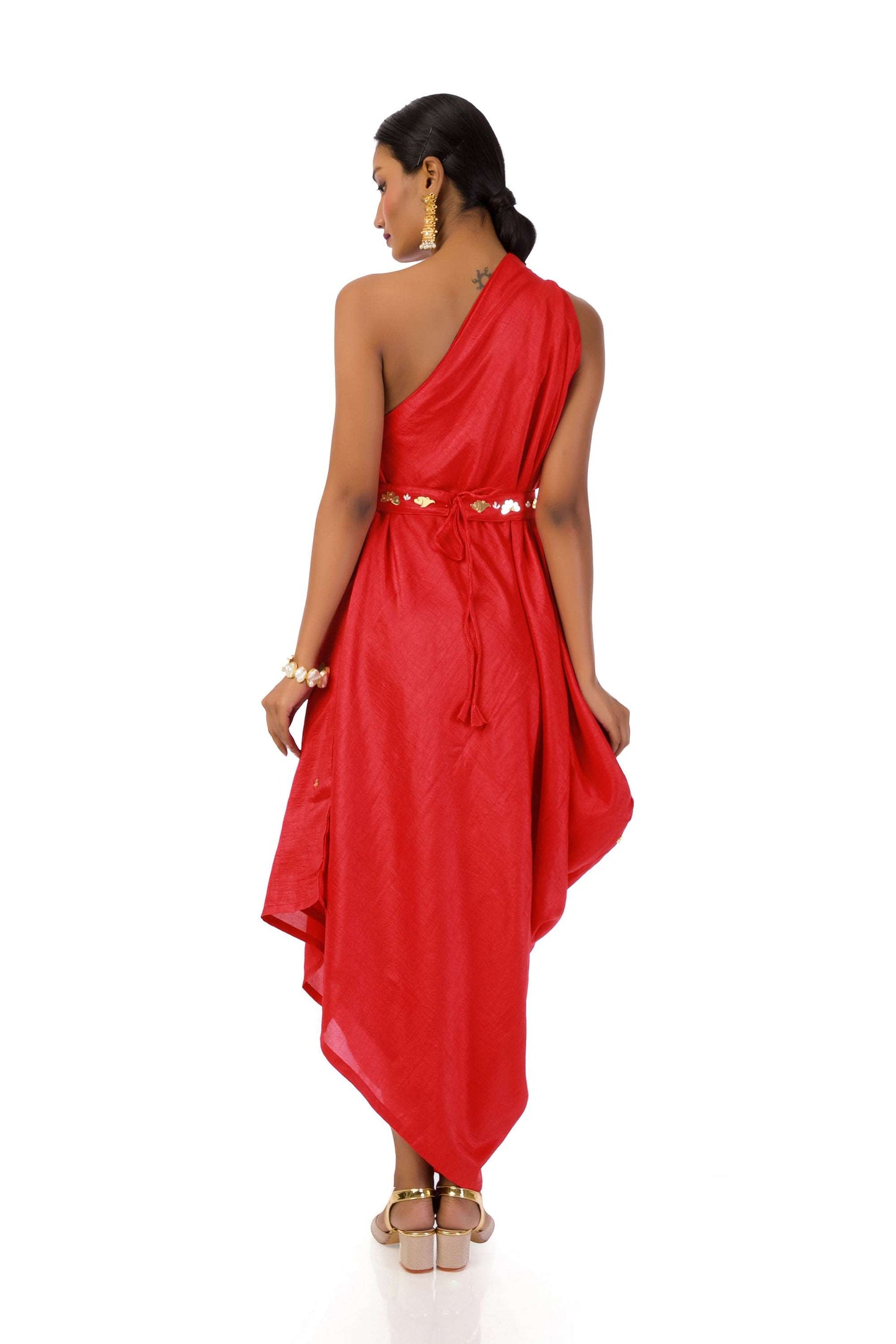 Bright Red Draped Cowl Dress with Hand Embroidery and Adjustable Shoulder